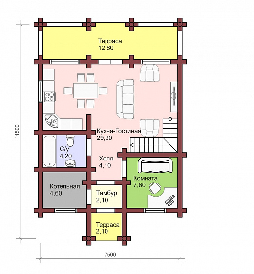 Двухэтажный сруб дома 7,5 на 10 с террасой, балконом и крыльцом по проекту «Король»