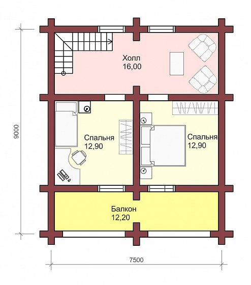 Двухэтажный сруб дома «Бордо» 7,5 на 7.5 +2м балкон и веранда по проекту «Бордо»